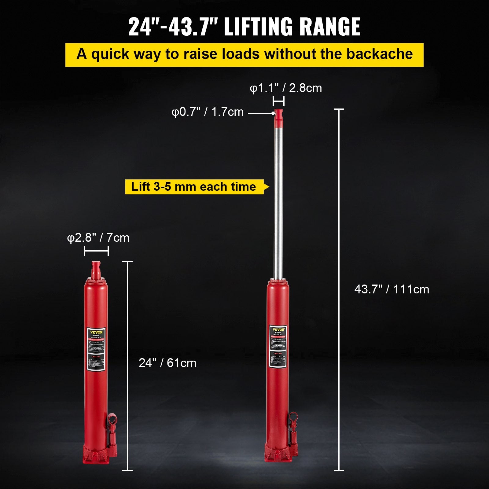 VEVOR Hydraulic Long Ram Jack, 4 Tons/8818 lbs Capacity, with Single Piston Pump and Flat Base, Manual Cherry Picker with Handle, for Garage/Shop Cranes, Engine Lift Hoist, Red