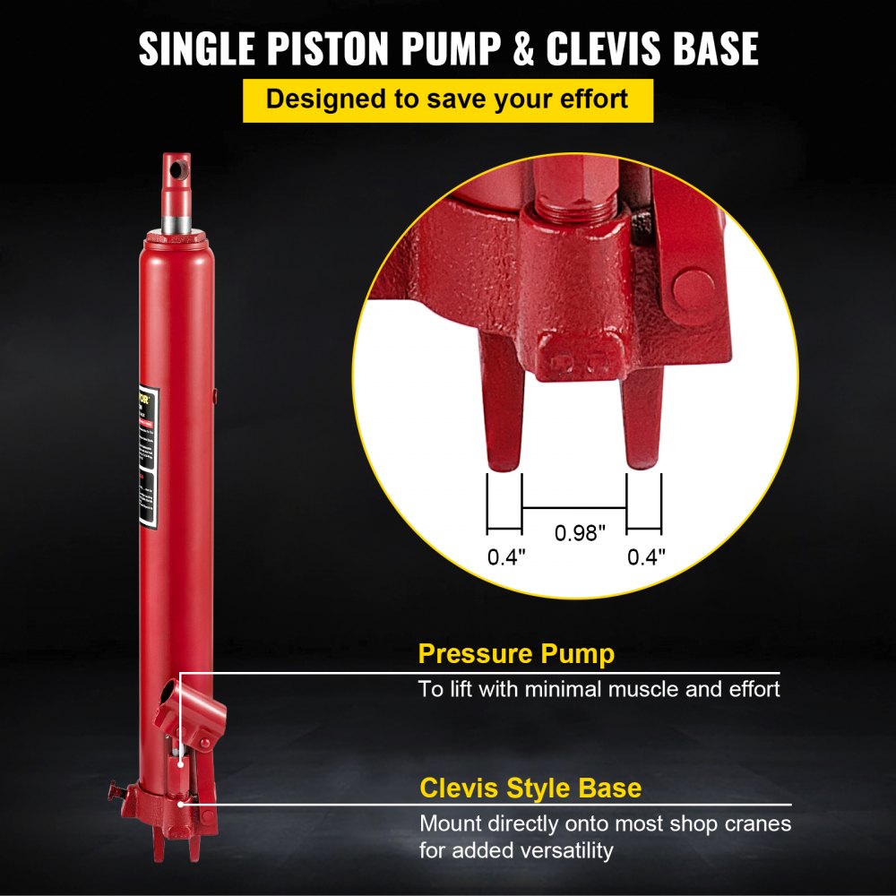 VEVOR Hydraulic Long Ram Jack, 8 Tons/17363 lbs Capacity, with Single Piston Pump and Clevis Base, Manual Cherry Picker with Handle, for Garage/Shop Cranes, Engine Lift Hoist, Red