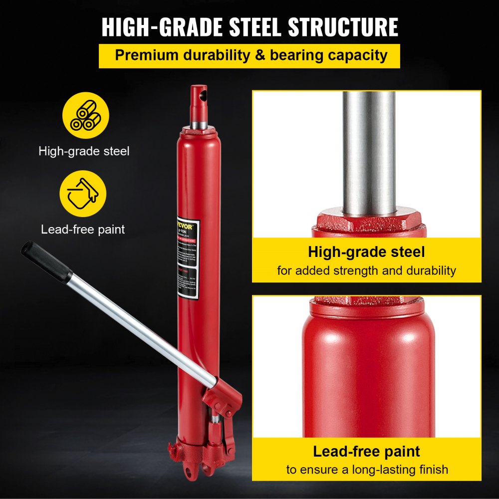 VEVOR Hydraulic Long Ram Jack, 8 Tons/17363 lbs Capacity, with Single Piston Pump and Clevis Base, Manual Cherry Picker with Handle, for Garage/Shop Cranes, Engine Lift Hoist, Red