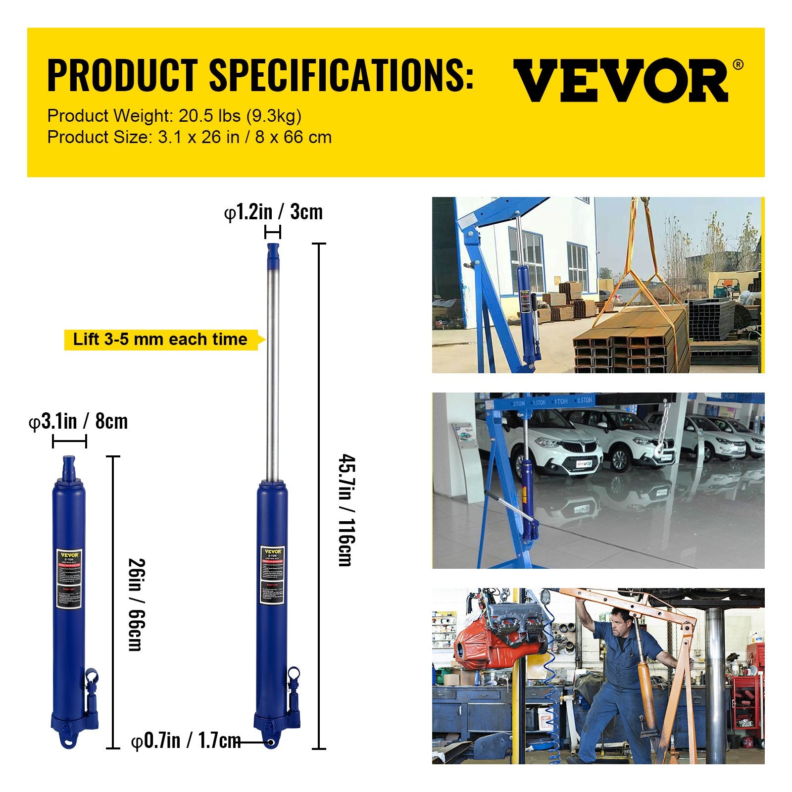 VEVOR Hydraulic Long Ram Jack, 8 Tons/17363 lbs Capacity, with Single Piston Pump and Clevis Base, Manual Cherry Picker with Handle, for Garage/Shop Cranes, Engine Lift Hoist, Blue
