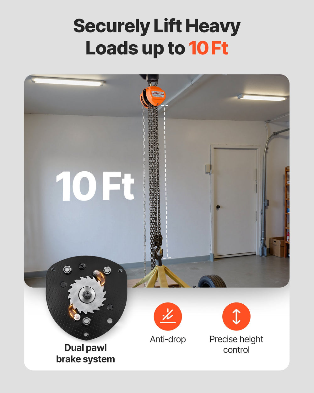 VEVOR Hand Chain Hoist, 2 Ton Capacity, Manual Chain Block with Upgrade G80 Galvanized Chain, 3 m Lifting Height, Heavy Duty Pulley Hoist for Garage Warehouse Automotive Machinery, Orange
