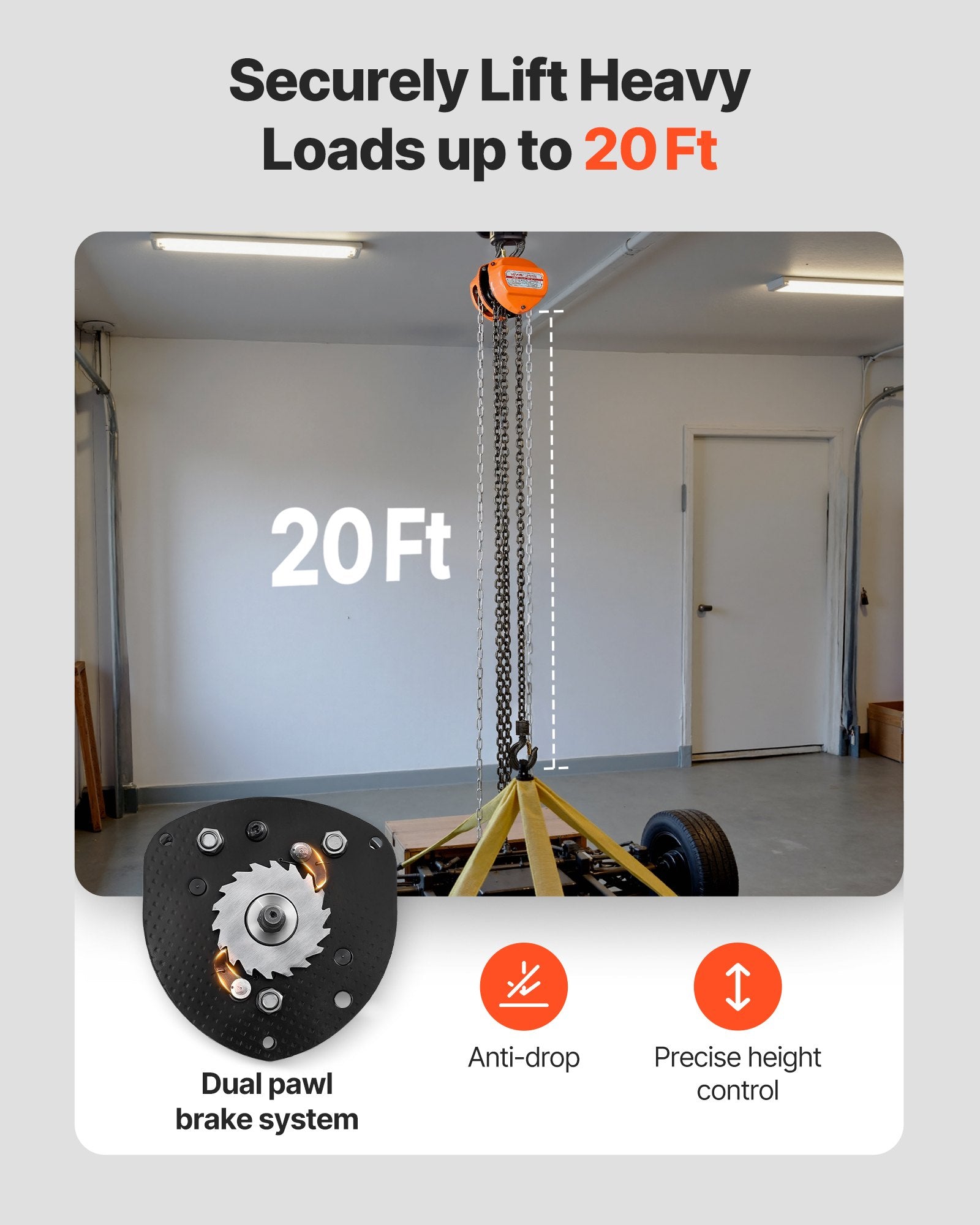 VEVOR Hand Chain Hoist, 1 Ton Capacity, Manual Chain Block with Upgrade G80 Galvanized Chain, 6 m Lifting Height, Heavy Duty Pulley Hoist for Garage Warehouse Automotive Machinery, Orange