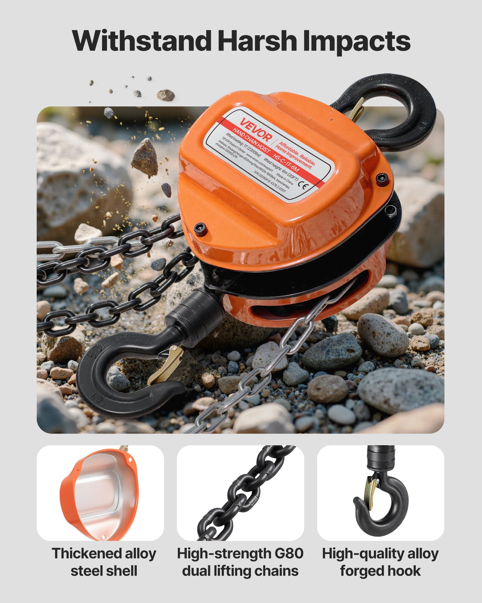 VEVOR Hand Chain Hoist, 1 Ton Capacity, Manual Chain Block with Upgrade G80 Galvanized Chain, 6 m Lifting Height, Heavy Duty Pulley Hoist for Garage Warehouse Automotive Machinery, Orange