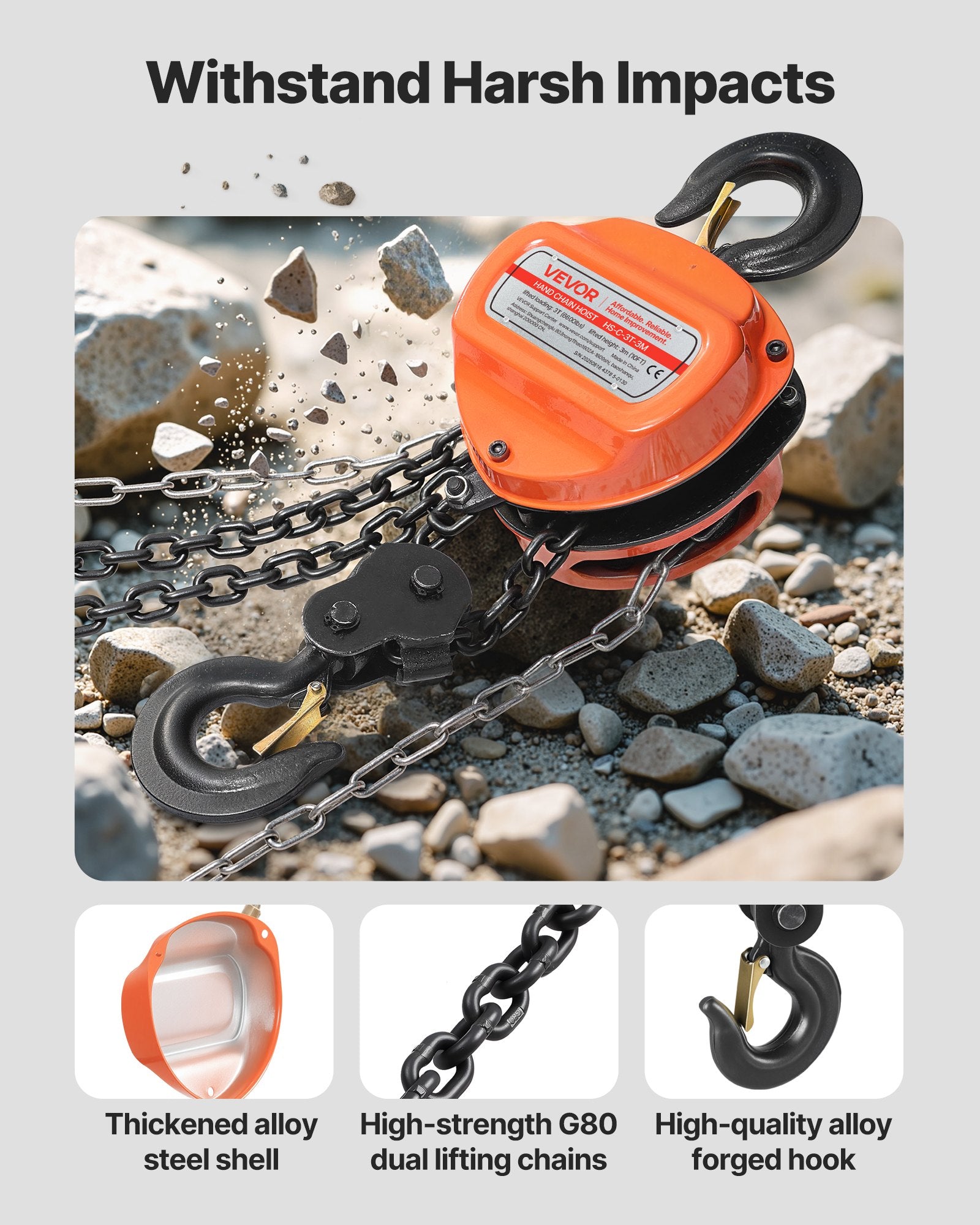 VEVOR Hand Chain Hoist, 3 Ton Capacity, Manual Chain Block with Upgrade G80 Galvanized Chain, 3 m Lifting Height, Heavy Duty Pulley Hoist for Garage Warehouse Automotive Machinery, Orange