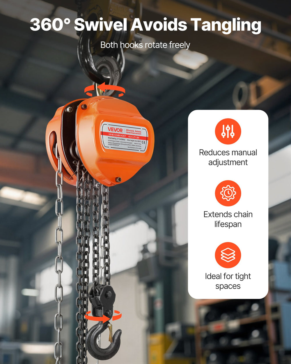 VEVOR Hand Chain Hoist, 2 Ton Capacity, Manual Chain Block with Upgrade G80 Galvanized Chain, 3 m Lifting Height, Heavy Duty Pulley Hoist for Garage Warehouse Automotive Machinery, Orange