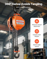 VEVOR Hand Chain Hoist, 2 Ton Capacity, Manual Chain Block with Upgrade G80 Galvanized Chain, 3 m Lifting Height, Heavy Duty Pulley Hoist for Garage Warehouse Automotive Machinery, Orange