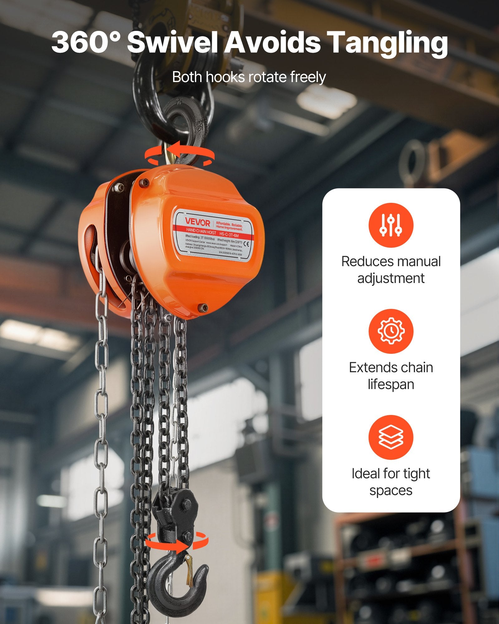 VEVOR Hand Chain Hoist, 3 Ton Capacity, Manual Chain Block with Upgrade G80 Galvanized Chain, 6 m Lifting Height, Heavy Duty Pulley Hoist for Garage Warehouse Automotive Machinery, Orange