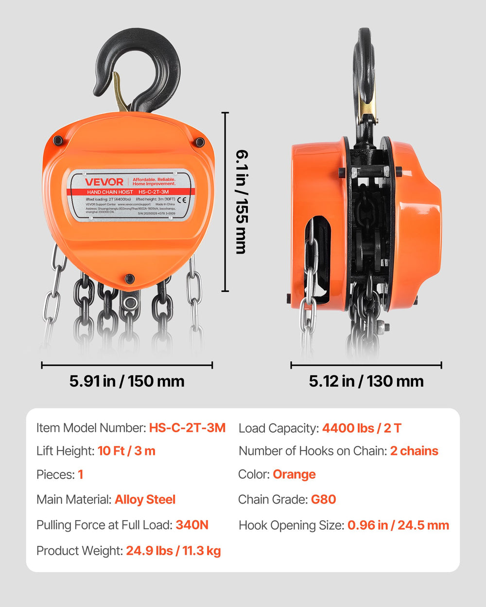 VEVOR Hand Chain Hoist, 2 Ton Capacity, Manual Chain Block with Upgrade G80 Galvanized Chain, 3 m Lifting Height, Heavy Duty Pulley Hoist for Garage Warehouse Automotive Machinery, Orange