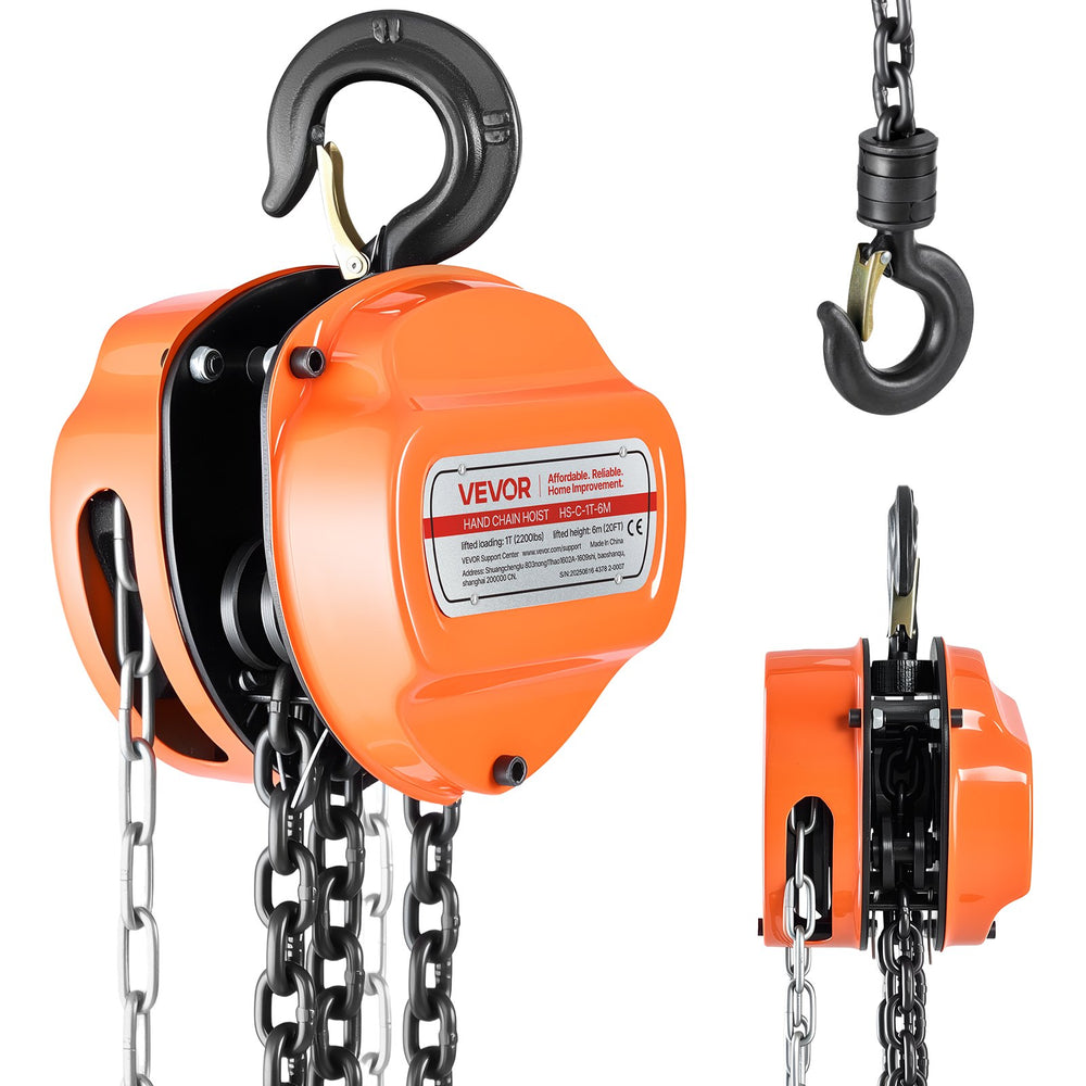 VEVOR Hand Chain Hoist, 1 Ton Capacity, Manual Chain Block with Upgrade G80 Galvanized Chain, 6 m Lifting Height, Heavy Duty Pulley Hoist for Garage Warehouse Automotive Machinery, Orange