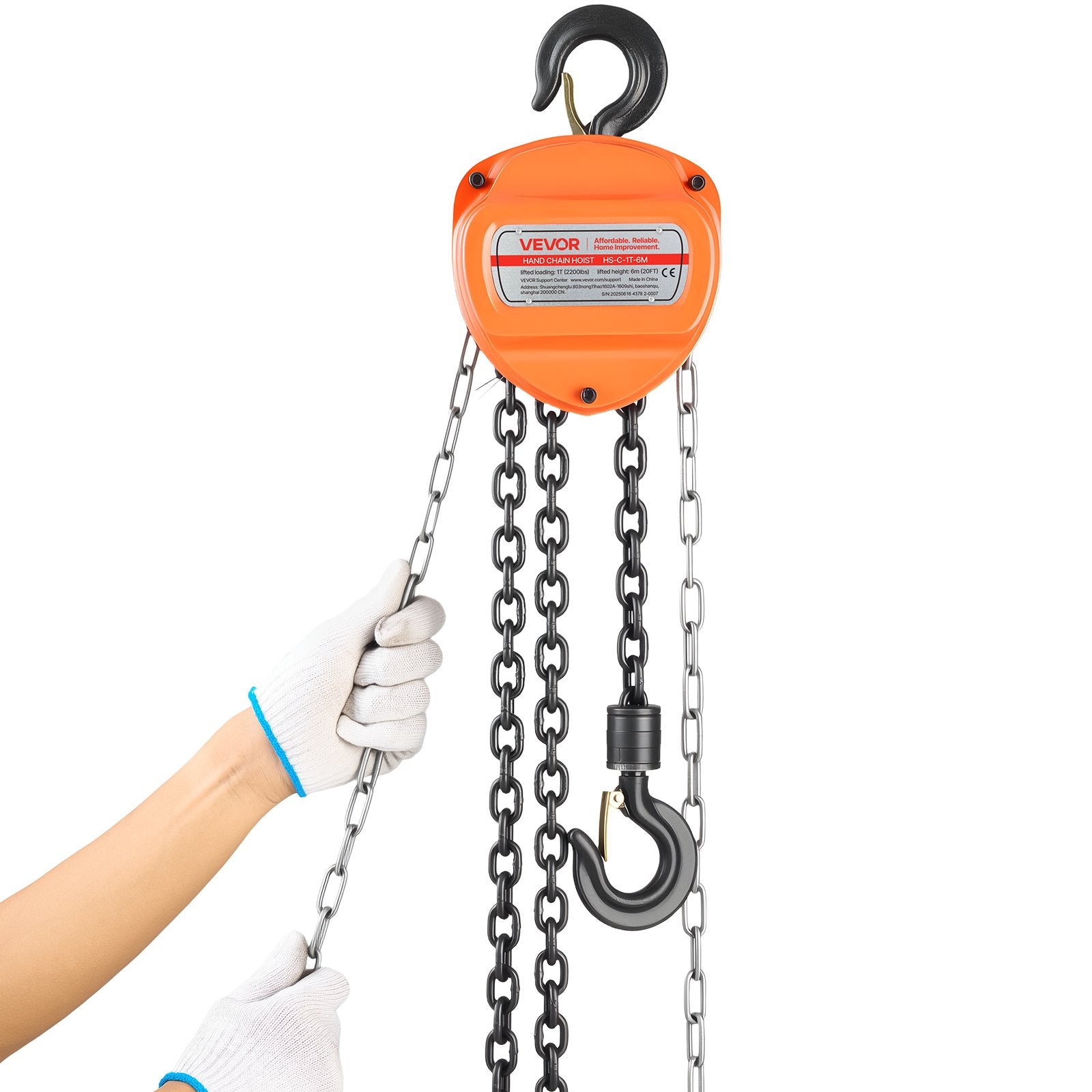 VEVOR Hand Chain Hoist, 1 Ton Capacity, Manual Chain Block with Upgrade G80 Galvanized Chain, 6 m Lifting Height, Heavy Duty Pulley Hoist for Garage Warehouse Automotive Machinery, Orange