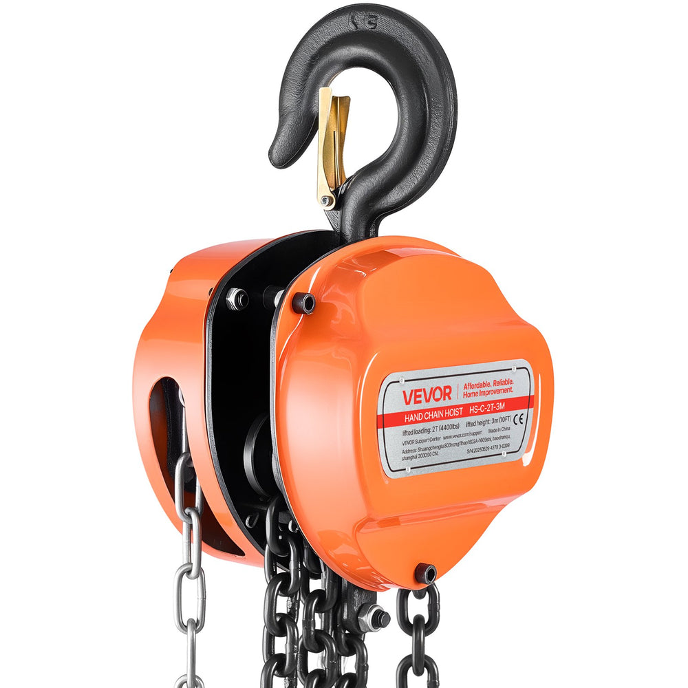 VEVOR Hand Chain Hoist, 2 Ton Capacity, Manual Chain Block with Upgrade G80 Galvanized Chain, 3 m Lifting Height, Heavy Duty Pulley Hoist for Garage Warehouse Automotive Machinery, Orange