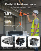 VEVOR Manual Lever Chain Hoist, 1-1/2T 1500KG Capacity Heavy Duty Come Along, 3M Lift G80 Alloy Steel Chain With Dual Pawl Mechanical Brake, 360° Rotating Hooks, for Warehouse Construction Garage