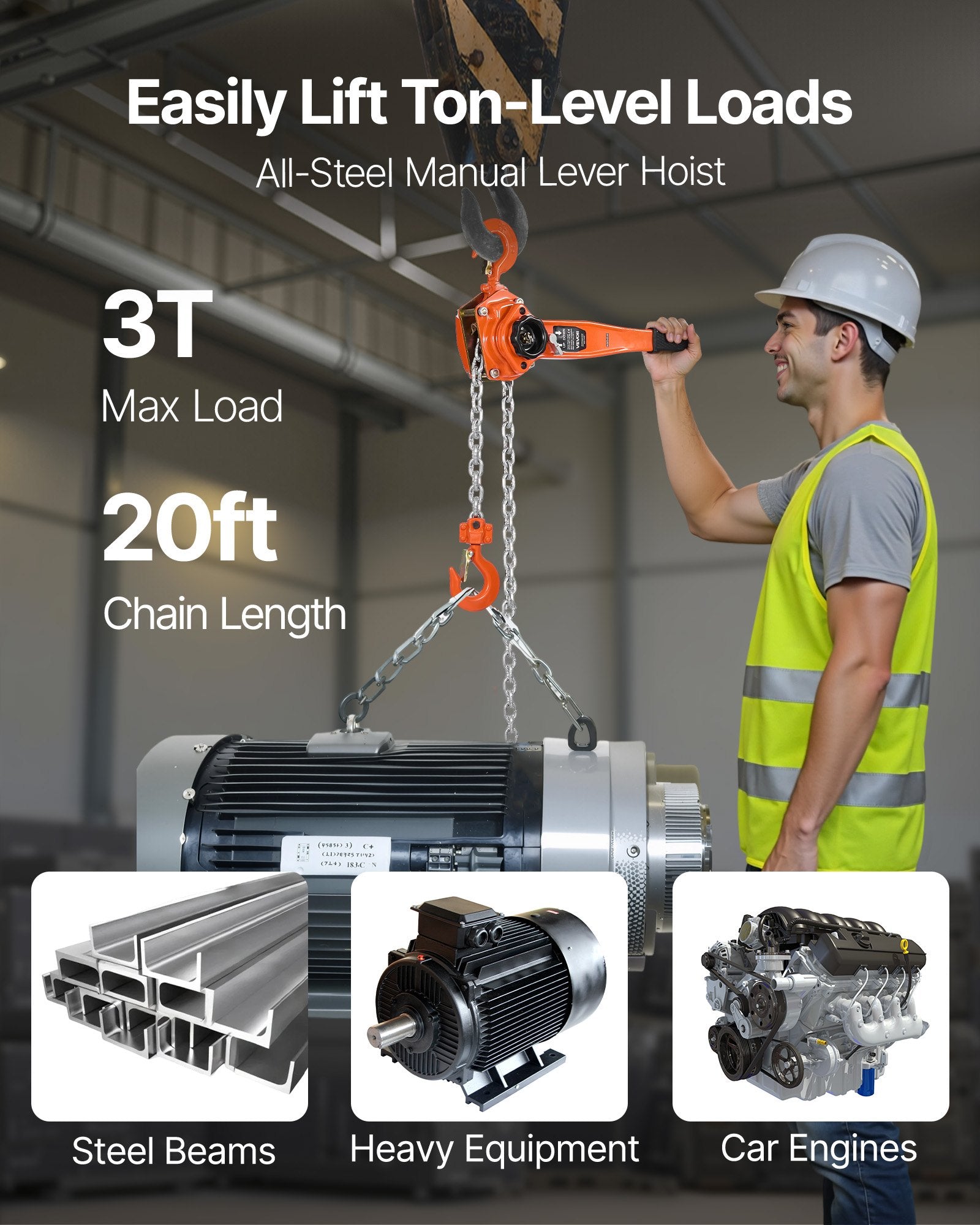 VEVOR Manual Lever Chain Hoist, 3T 3000KG Capacity Heavy Duty Come Along, 6M Lift G80 Alloy Steel Chain With Dual Pawl Mechanical Brake, 360° Rotating Hooks, for Warehouse Construction Garage