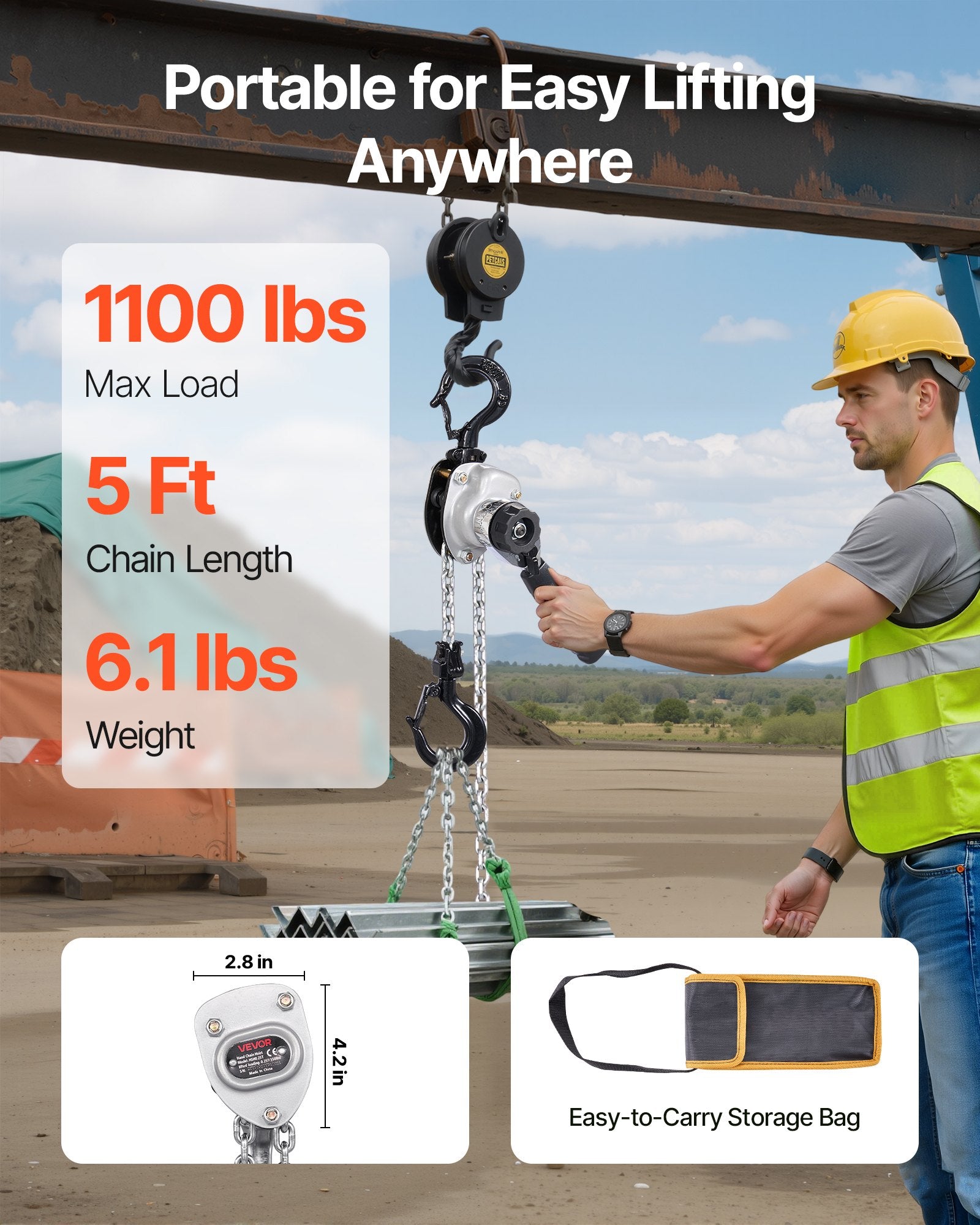 VEVOR Manual Lever Chain Hoist, 1/2T 500KG Capacity Heavy Duty Come Along, 1.5M Lift G80 Alloy Steel Chain With Dual Pawl Mechanical Brake, 360° Rotating Hooks, for Warehouse Construction Garage