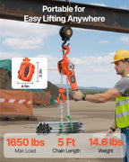 VEVOR Manual Lever Chain Hoist, 3/4T 750KG Capacity Heavy Duty Come Along, 1.5M Lift G80 Alloy Steel Chain With Dual Pawl Mechanical Brake, 360° Rotating Hooks, for Warehouse Construction Garage