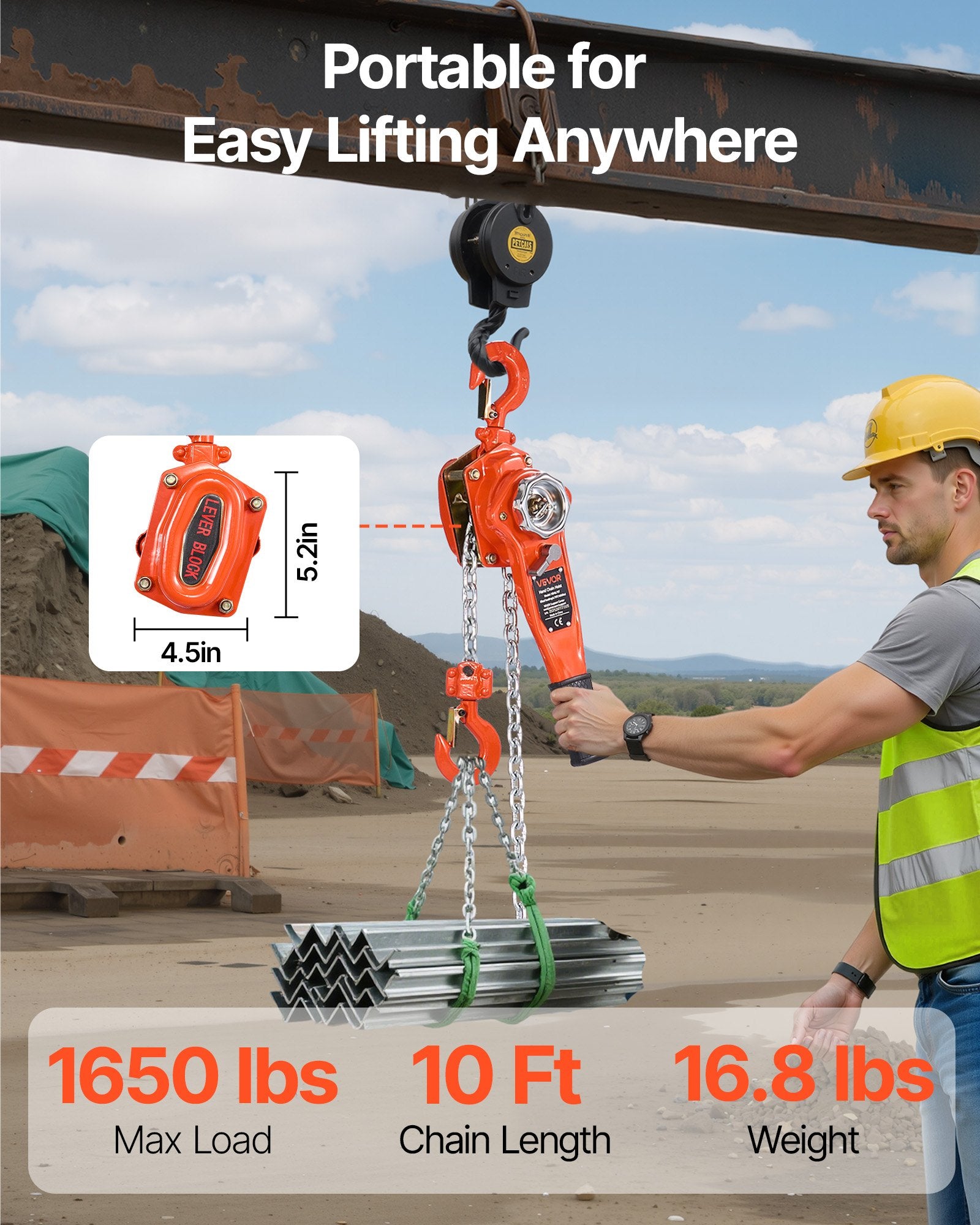 VEVOR Manual Lever Chain Hoist, 3/4T 750KG Capacity Heavy Duty Come Along, 3M Lift G80 Alloy Steel Chain With Dual Pawl Mechanical Brake, 360° Rotating Hooks, for Warehouse Construction Garage