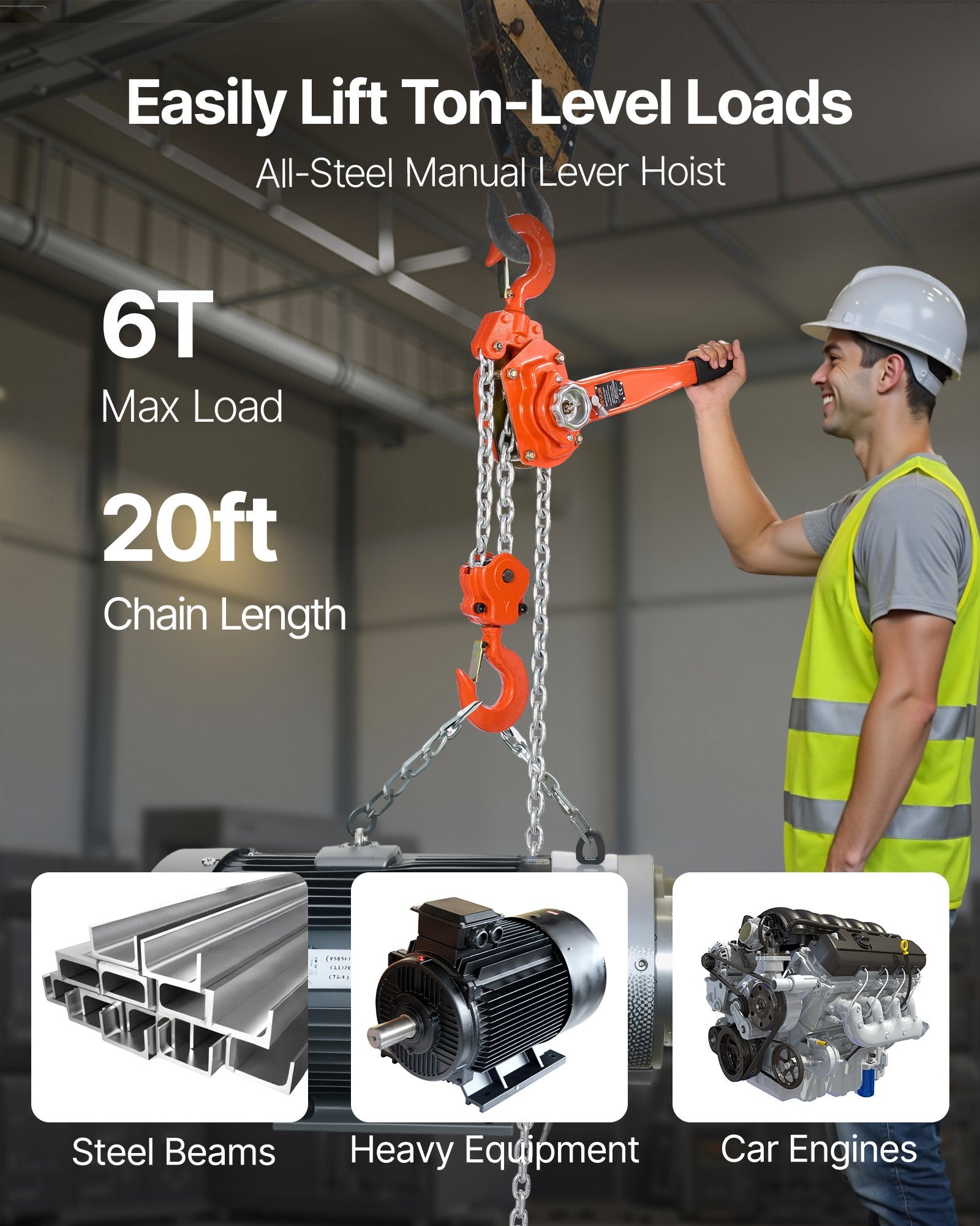 VEVOR Manual Lever Chain Hoist, 6T 6000KG Capacity Heavy Duty Come Along, 6M Lift G80 Alloy Steel Chain With Dual Pawl Mechanical Brake, 360° Rotating Hooks, for Warehouse Construction Garage