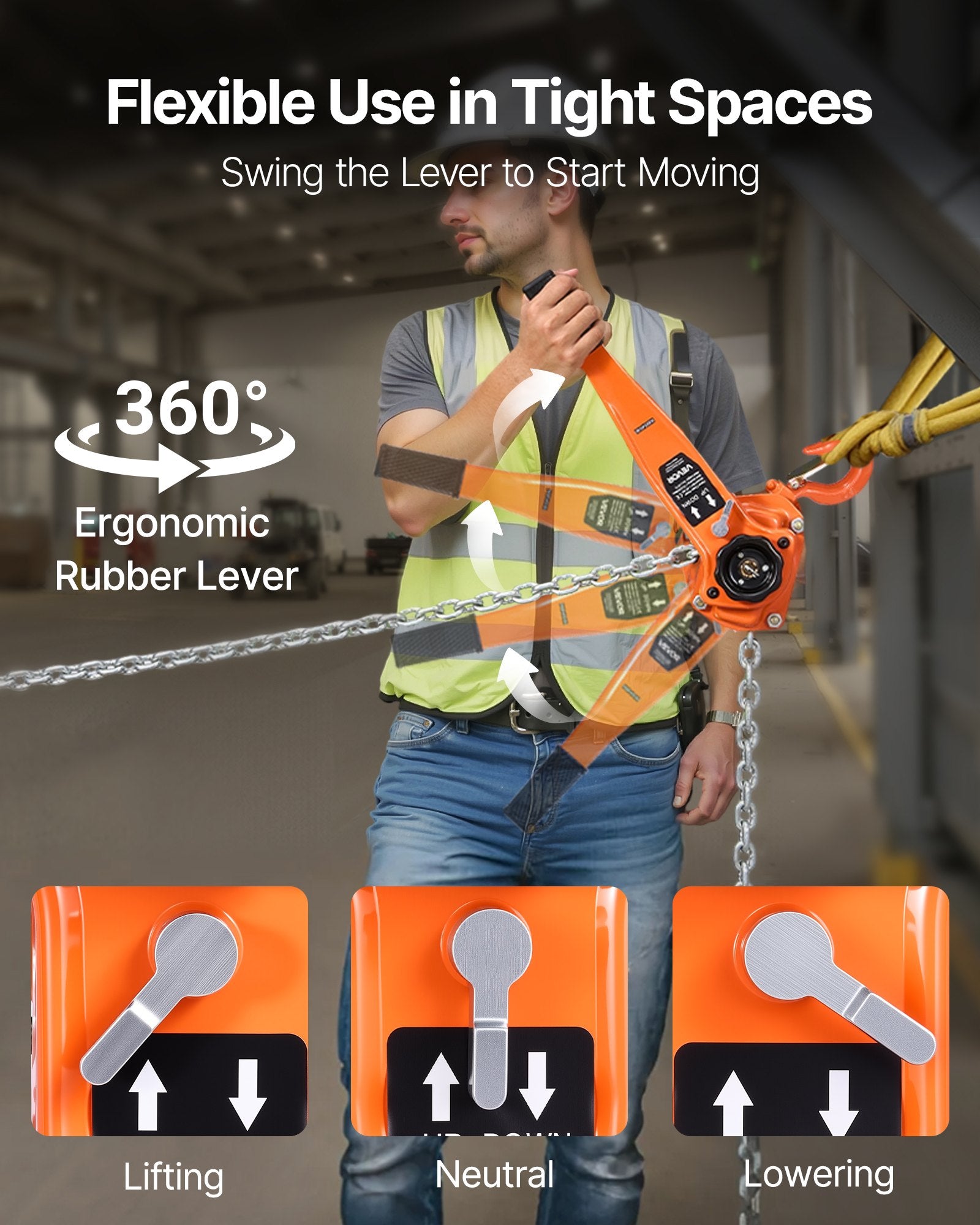 VEVOR Manual Lever Chain Hoist, 1-1/2T 1500KG Capacity Heavy Duty Come Along, 3M Lift G80 Alloy Steel Chain With Dual Pawl Mechanical Brake, 360° Rotating Hooks, for Warehouse Construction Garage