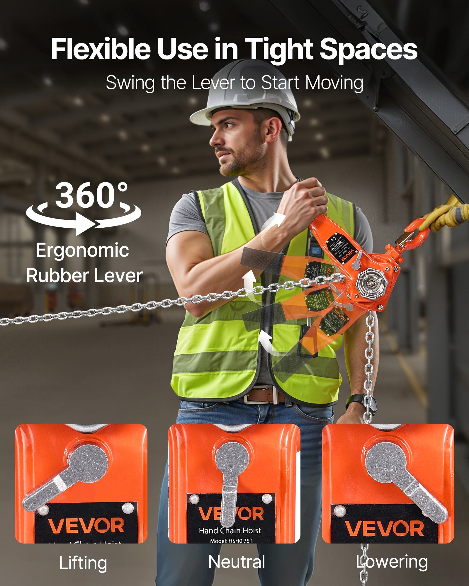 VEVOR Manual Lever Chain Hoist, 3/4T 750KG Capacity Heavy Duty Come Along, 6M Lift G80 Alloy Steel Chain With Dual Pawl Mechanical Brake, 360° Rotating Hooks, for Warehouse Construction Garage