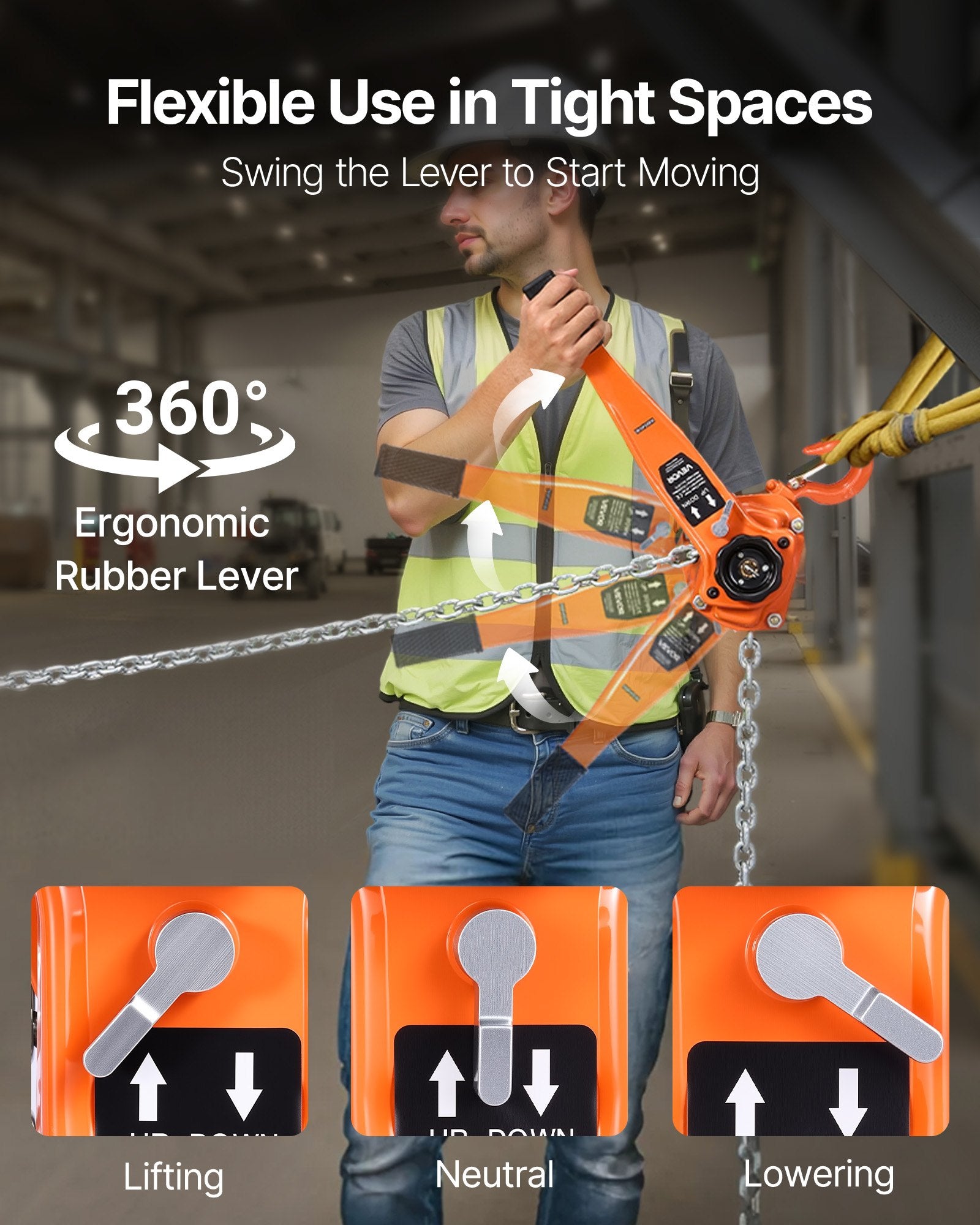 VEVOR Manual Lever Chain Hoist, 3T 3000KG Capacity Heavy Duty Come Along, 6M Lift G80 Alloy Steel Chain With Dual Pawl Mechanical Brake, 360° Rotating Hooks, for Warehouse Construction Garage