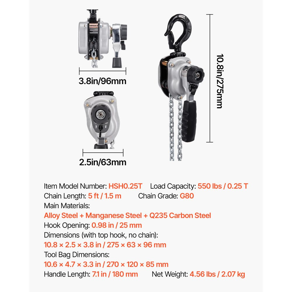 VEVOR Manual Lever Chain Hoist, 1/4T 250KG Capacity Heavy Duty Come Along, 1.5M Lift G80 Alloy Steel Chain With Dual Pawl Mechanical Brake, 360° Rotating Hooks, for Warehouse Construction Garage