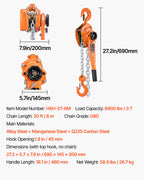 VEVOR Manual Lever Chain Hoist, 3T 3000KG Capacity Heavy Duty Come Along, 6M Lift G80 Alloy Steel Chain With Dual Pawl Mechanical Brake, 360° Rotating Hooks, for Warehouse Construction Garage
