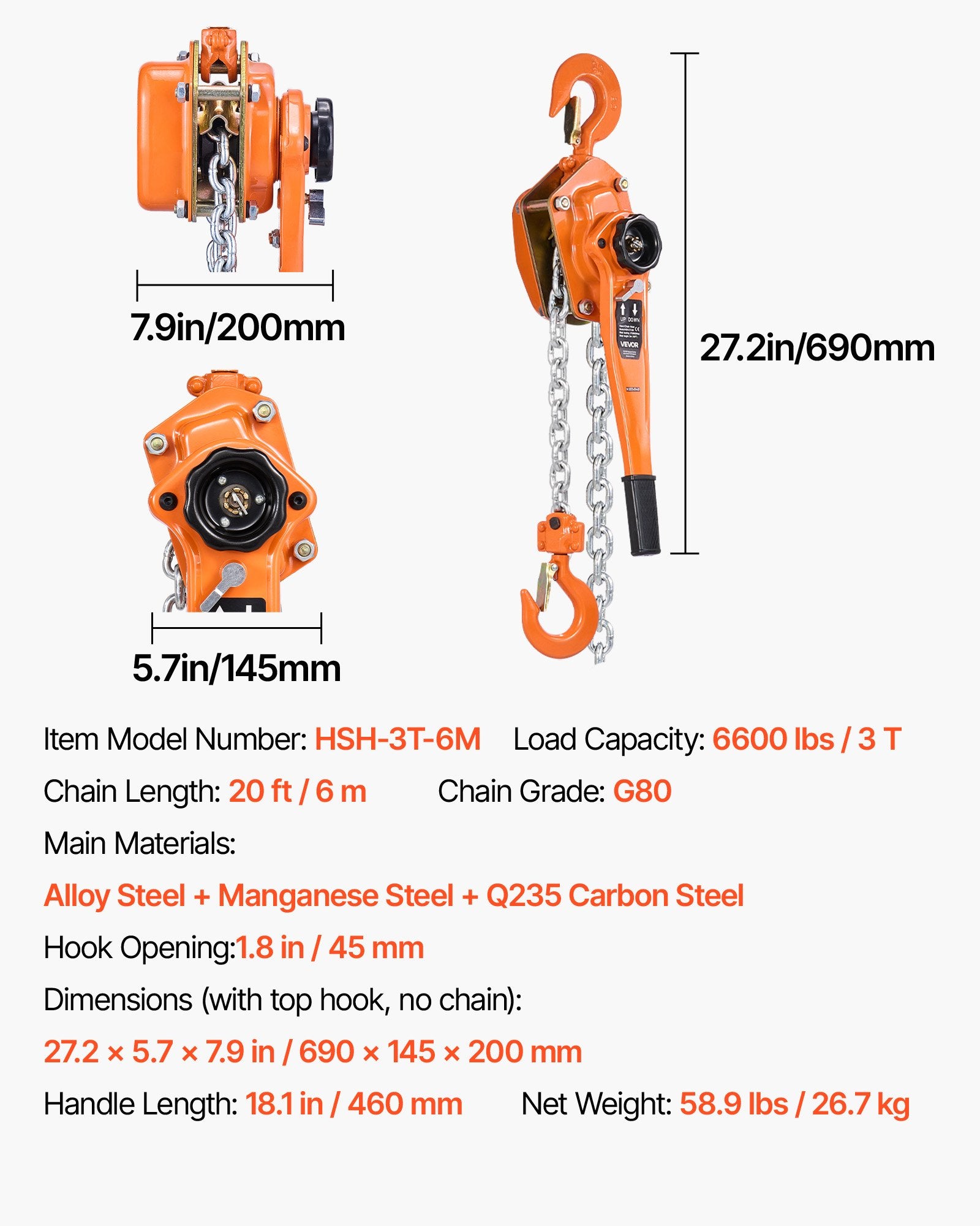 VEVOR Manual Lever Chain Hoist, 3T 3000KG Capacity Heavy Duty Come Along, 6M Lift G80 Alloy Steel Chain With Dual Pawl Mechanical Brake, 360° Rotating Hooks, for Warehouse Construction Garage