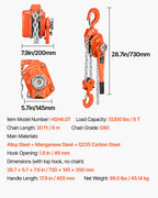 VEVOR Manual Lever Chain Hoist, 6T 6000KG Capacity Heavy Duty Come Along, 6M Lift G80 Alloy Steel Chain With Dual Pawl Mechanical Brake, 360° Rotating Hooks, for Warehouse Construction Garage