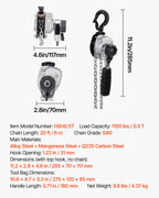 VEVOR Manual Lever Chain Hoist, 1/2T 500KG Capacity Heavy Duty Come Along, 6M Lift G80 Alloy Steel Chain With Dual Pawl Mechanical Brake, 360° Rotating Hooks, for Warehouse Construction Garage