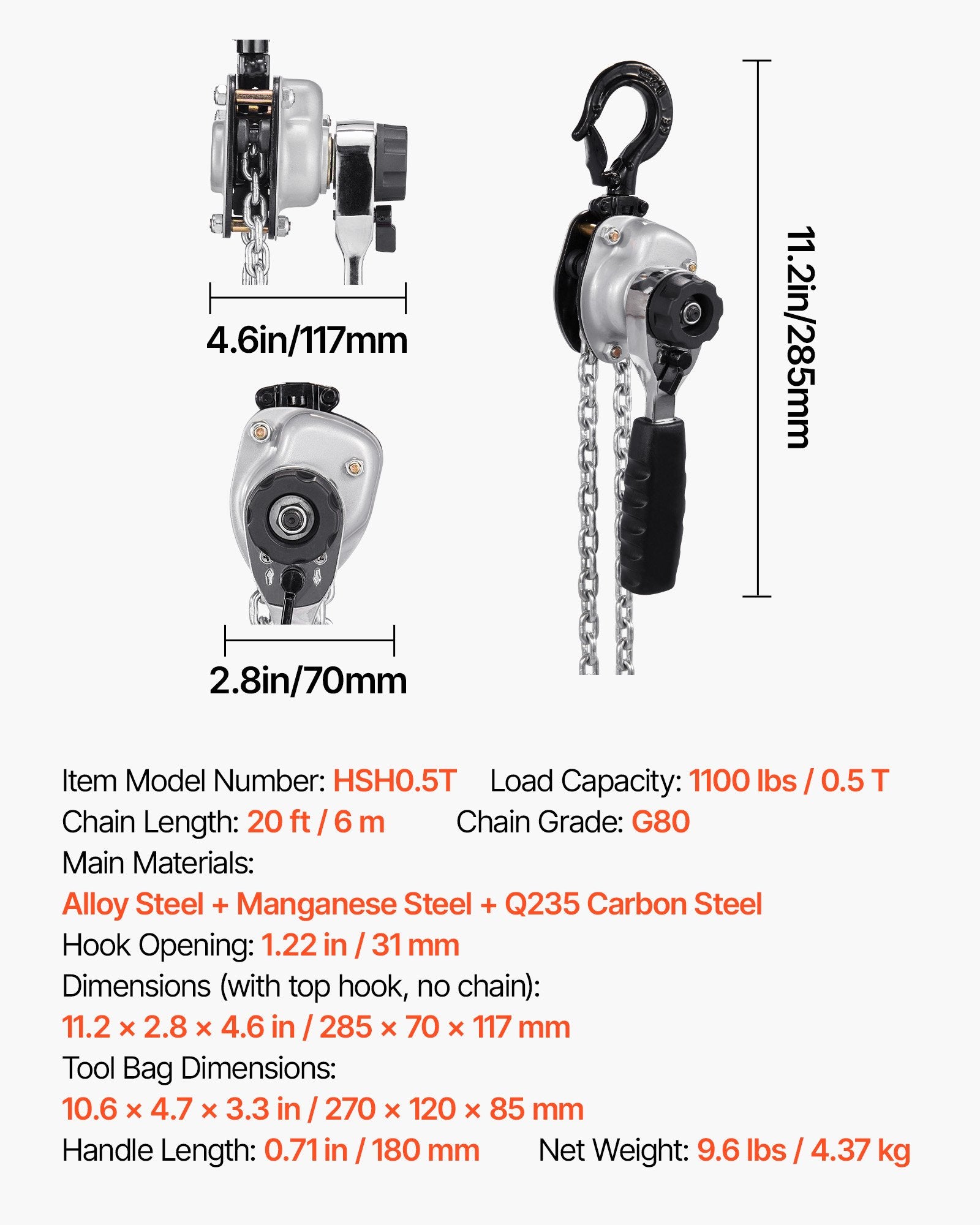 VEVOR Manual Lever Chain Hoist, 1/2T 500KG Capacity Heavy Duty Come Along, 6M Lift G80 Alloy Steel Chain With Dual Pawl Mechanical Brake, 360° Rotating Hooks, for Warehouse Construction Garage