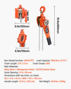 VEVOR Manual Lever Chain Hoist, 3/4T 750KG Capacity Heavy Duty Come Along, 1.5M Lift G80 Alloy Steel Chain With Dual Pawl Mechanical Brake, 360° Rotating Hooks, for Warehouse Construction Garage