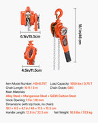 VEVOR Manual Lever Chain Hoist, 3/4T 750KG Capacity Heavy Duty Come Along, 3M Lift G80 Alloy Steel Chain With Dual Pawl Mechanical Brake, 360° Rotating Hooks, for Warehouse Construction Garage