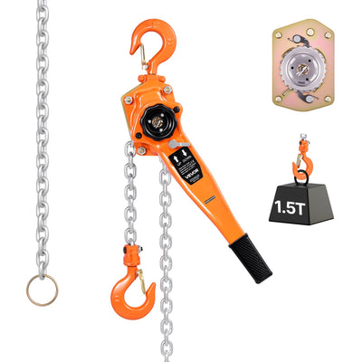 VEVOR Manual Lever Chain Hoist, 1-1/2T 1500KG Capacity Heavy Duty Come Along, 3M Lift G80 Alloy Steel Chain With Dual Pawl Mechanical Brake, 360° Rotating Hooks, for Warehouse Construction Garage