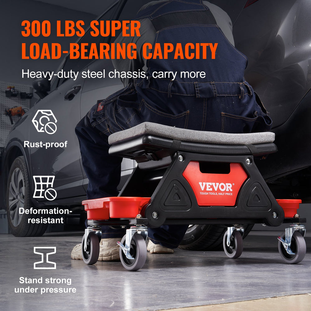 VEVOR Mechanics Stool, 136.1kg Capacity Rolling Mechanic Seat with 10.2cm Wheels, Three Slide-Out Tool Trays and Drawer, Heavy Duty Roller Creeper Seat for Home Garage DIY Automotive
