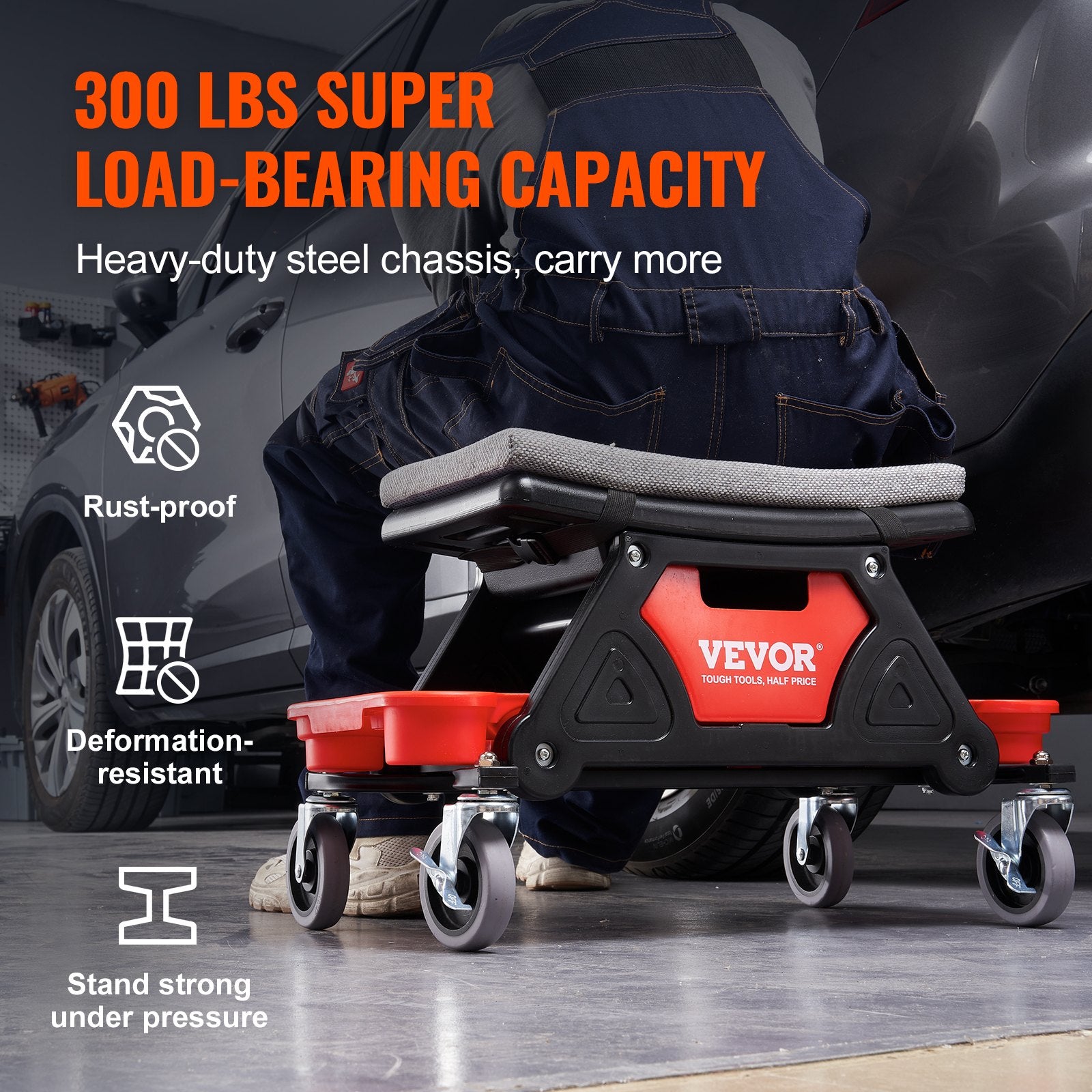 VEVOR Mechanics Stool, 136.1kg Capacity Rolling Mechanic Seat with 10.2cm Wheels, Three Slide-Out Tool Trays and Drawer, Heavy Duty Roller Creeper Seat for Home Garage DIY Automotive