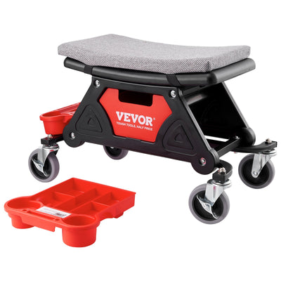 VEVOR Mechanics Stool, 136.1kg Capacity Rolling Mechanic Seat with 10.2cm Wheels, Three Slide-Out Tool Trays and Drawer, Heavy Duty Roller Creeper Seat for Home Garage DIY Automotive