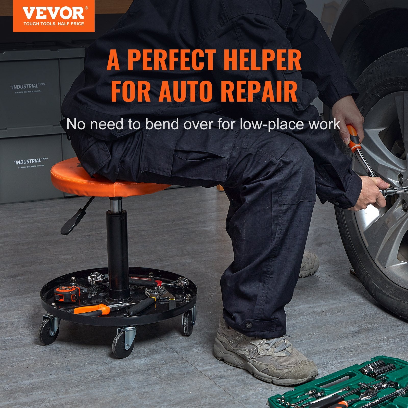 VEVOR Mechanic Stool, 113 kg Rolling Pneumatic Creeper Garage/Shop Seat, Adjustable Height 56 cm-71 cm Padded Rolling Workshop Stool with Tool Tray, for Garage, Shop, Auto Repair, Black+Orange