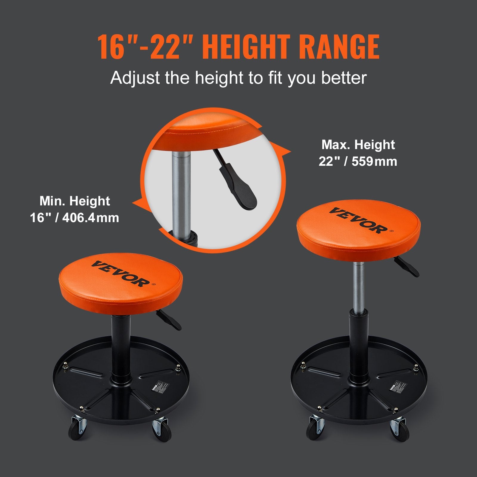VEVOR Mechanic Stool, 113 kg Rolling Pneumatic Creeper Garage/Shop Seat, Adjustable Height 56 cm-71 cm Padded Rolling Workshop Stool with Tool Tray, for Garage, Shop, Auto Repair, Black+Orange