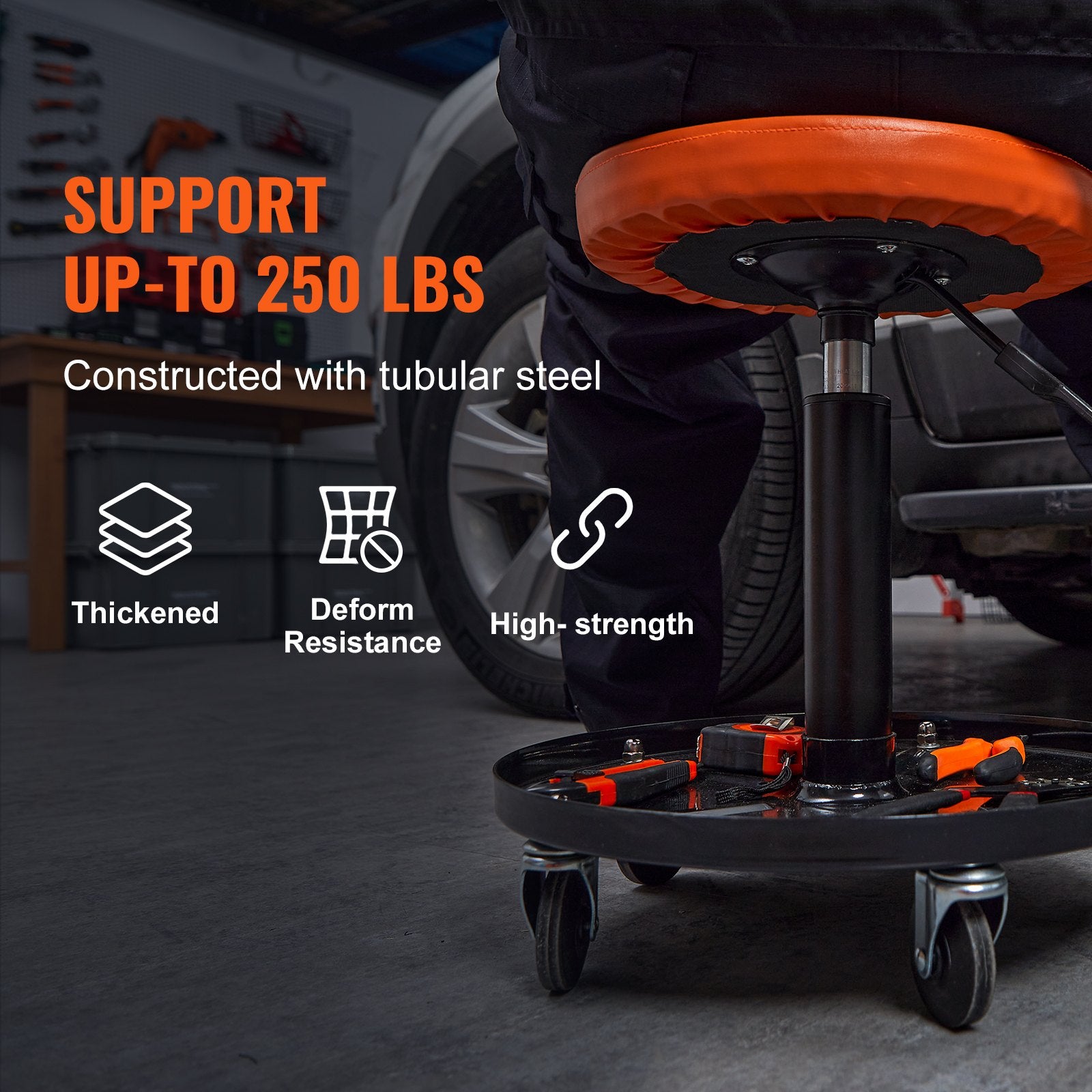 VEVOR Mechanic Stool, 113 kg Rolling Pneumatic Creeper Garage/Shop Seat, Adjustable Height 56 cm-71 cm Padded Rolling Workshop Stool with Tool Tray, for Garage, Shop, Auto Repair, Black+Orange