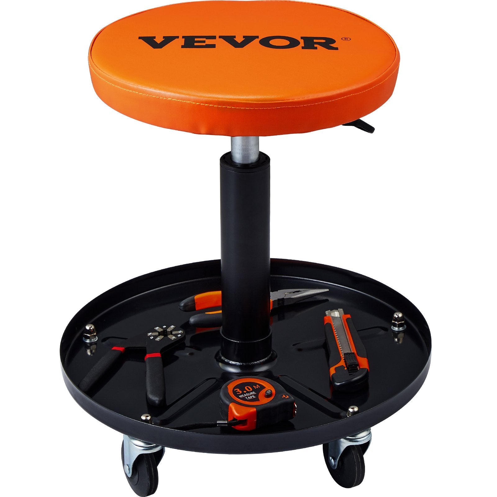 VEVOR Mechanic Stool, 113 kg Rolling Pneumatic Creeper Garage/Shop Seat, Adjustable Height 56 cm-71 cm Padded Rolling Workshop Stool with Tool Tray, for Garage, Shop, Auto Repair, Black+Orange