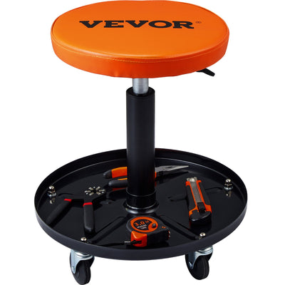 VEVOR Mechanic Stool, 113 kg Rolling Pneumatic Creeper Garage/Shop Seat, Adjustable Height 56 cm-71 cm Padded Rolling Workshop Stool with Tool Tray, for Garage, Shop, Auto Repair, Black+Orange