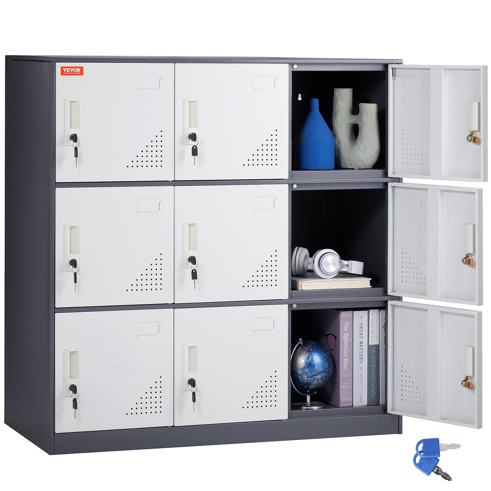 VEVOR Metal Locker for Employees, 9 Doors Storage Cabinet with Card Slot, Gray Steel Employee Lockers with Keys, 66lbs Loading Capacity office Storage Lockers for Office, Home, School, Gym