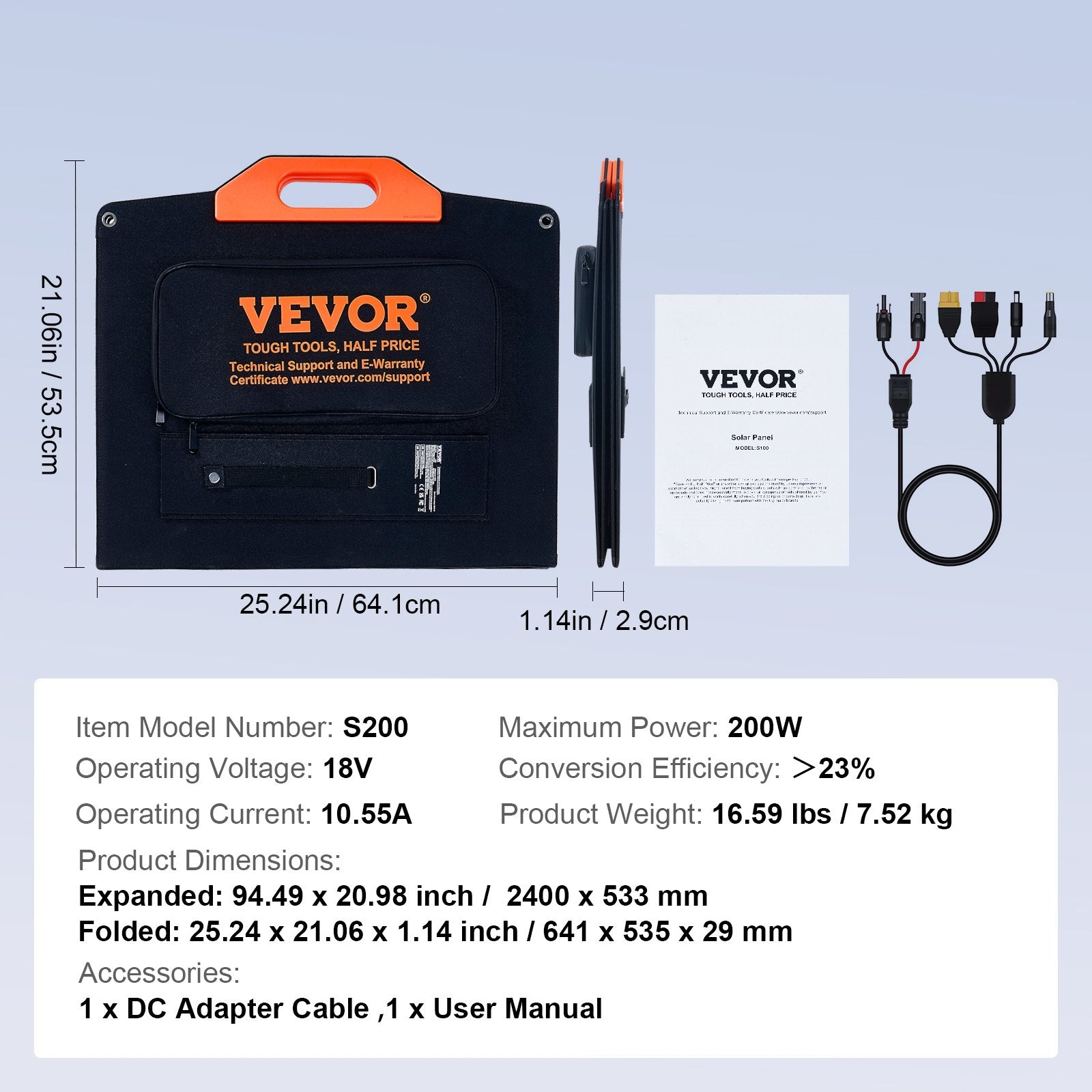 VEVOR Portable Monocrystalline Solar Panel, 200W Foldable Monocrystalline ETFE Solar Charger, 23% Efficiency Solar Panel with MC4 Output, IP67 Waterproof for Power Stations, Camping, Hiking, Off-Grid