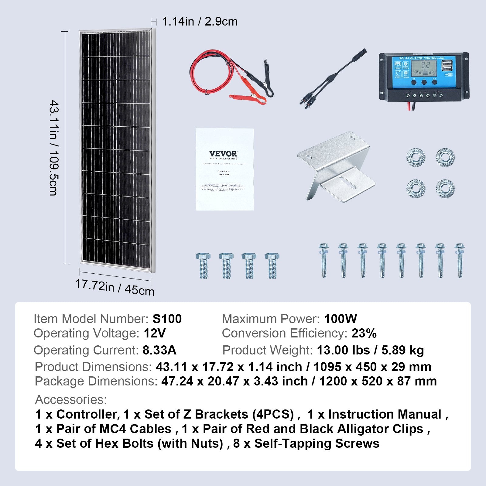 VEVOR 100W Monocrystalline Solar Panel Kit, 12V Monocrystalline Solar Panel + Charge Controller, 23% High-Efficiency Monocrystalline PV Module, IP68 Waterproof for RV, Boats, Camping, Off-Grid System