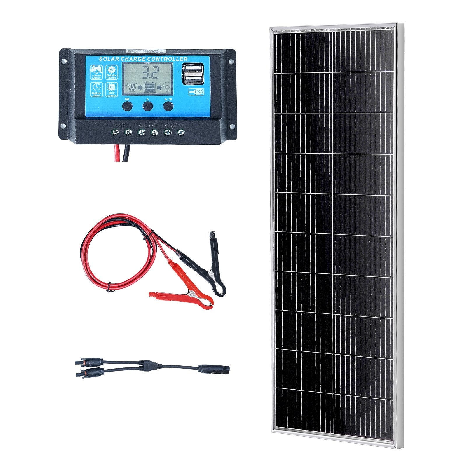 VEVOR 100W Monocrystalline Solar Panel Kit, 12V Monocrystalline Solar Panel + Charge Controller, 23% High-Efficiency Monocrystalline PV Module, IP68 Waterproof for RV, Boats, Camping, Off-Grid System