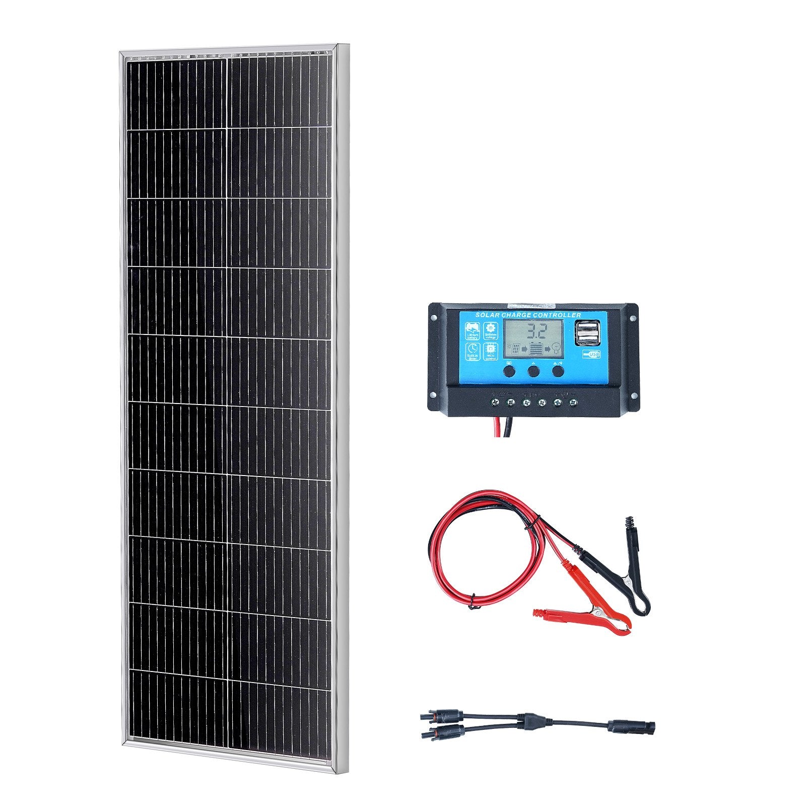 VEVOR 100W Monocrystalline Solar Panel Kit, 12V Monocrystalline Solar Panel + Charge Controller, 23% High-Efficiency Monocrystalline PV Module, IP68 Waterproof for RV, Boats, Camping, Off-Grid System