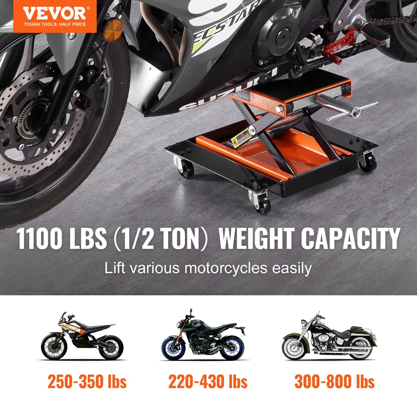 VEVOR Motorcycle Lift ATV Scissor Jack Dolly 499.5 kg Wide Deck & Hand Crank