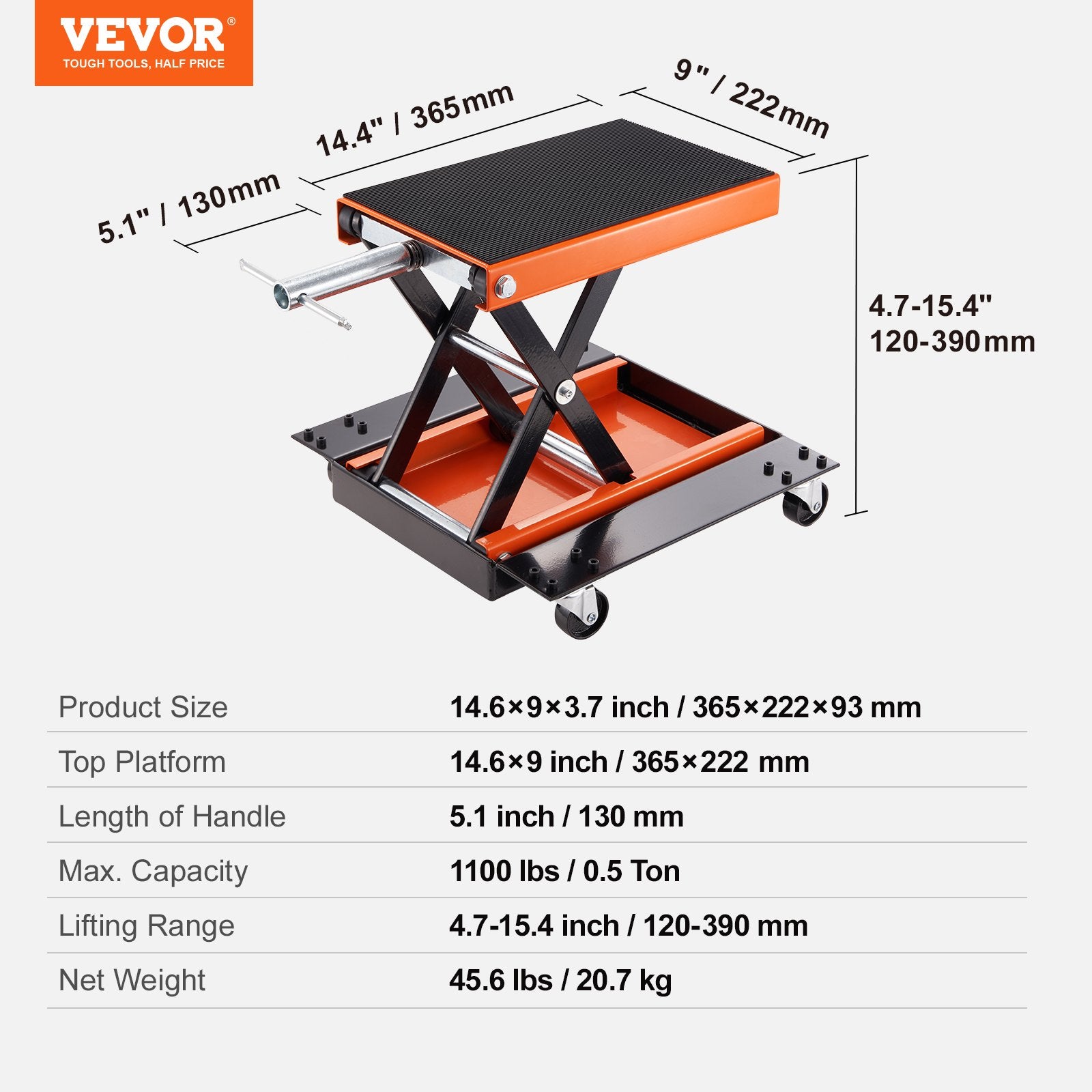 VEVOR Motorcycle Lift ATV Scissor Jack Dolly 499.5 kg Wide Deck & Hand Crank