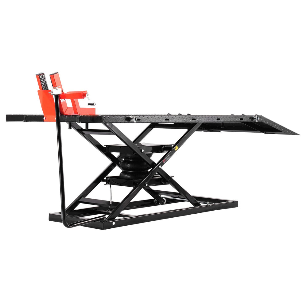 VEVOR Motorcycle Lift Table, 1500lbs Weight Capacity, Pneumatic Motorcycle Jack, 8.6-31 in Height Range, Heavy Duty Bike Repair Stand with Removable Workbench, Repair Platform for ATVs, Dirt Bike