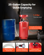 VEVOR 95L Waste Oil Drain Tank, Air Operated Portable Oil Drainer with Adjustable Funnel Height, Industrial Fluid Drain Tank with Wheels, Fluid Fuel Transfer Drainage for Auto Repair Shops, Red